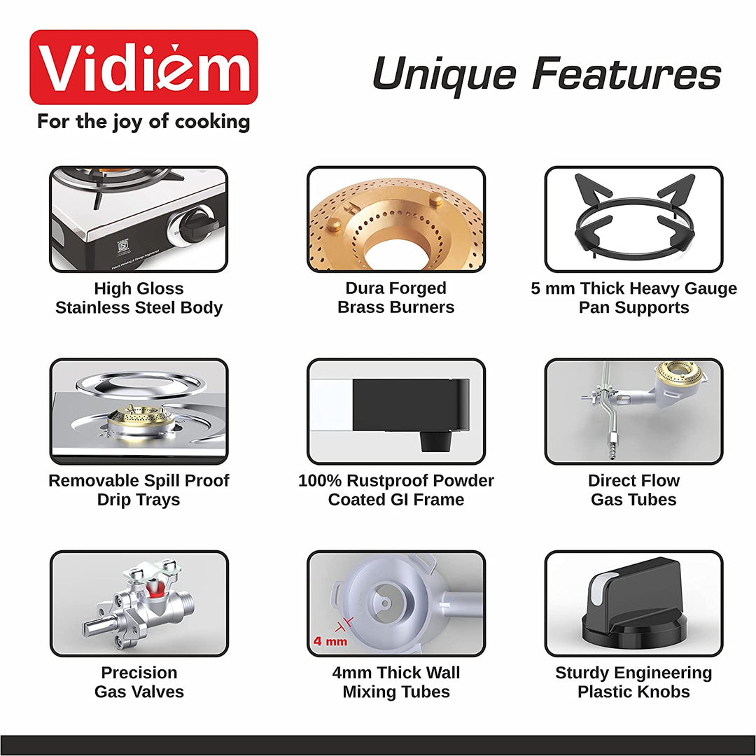 Vidiem SS sleek 3 Burner Gas Stove unique features