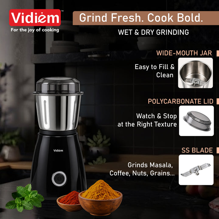 Vidiem Masala Grinder 350W | Wet & Dry | 0.4L SS Jar| Spice Grinder