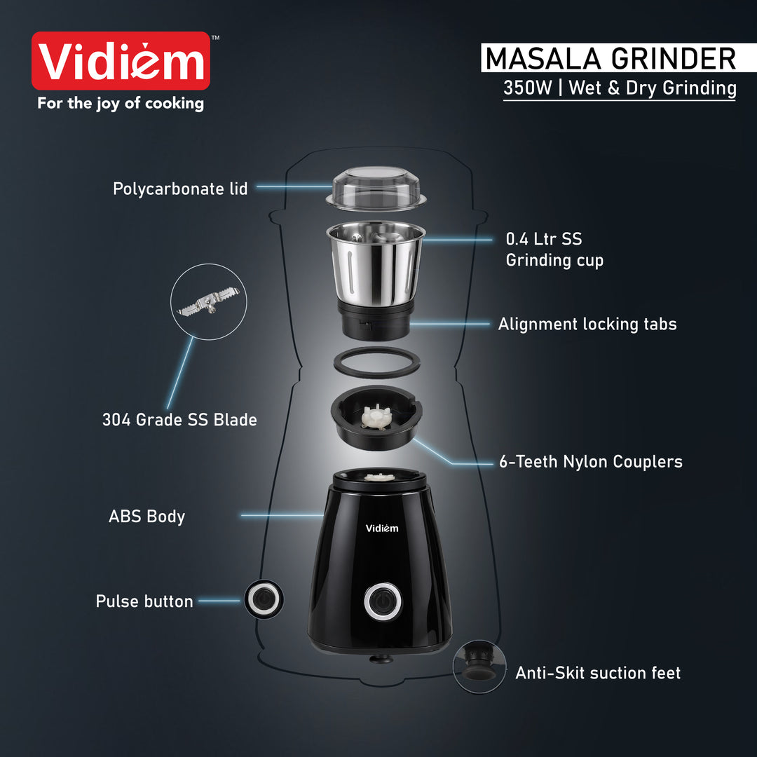 Vidiem Masala Grinder 350W | Wet & Dry | 0.4L SS Jar| Spice Grinder