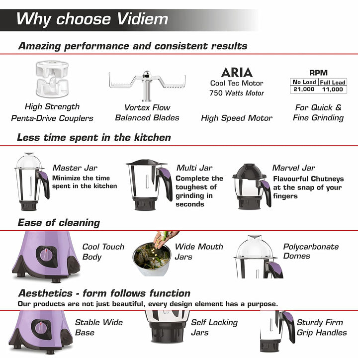 Vidiem Aster Mixer Grinder 750W with 3 Jars (Lavender)