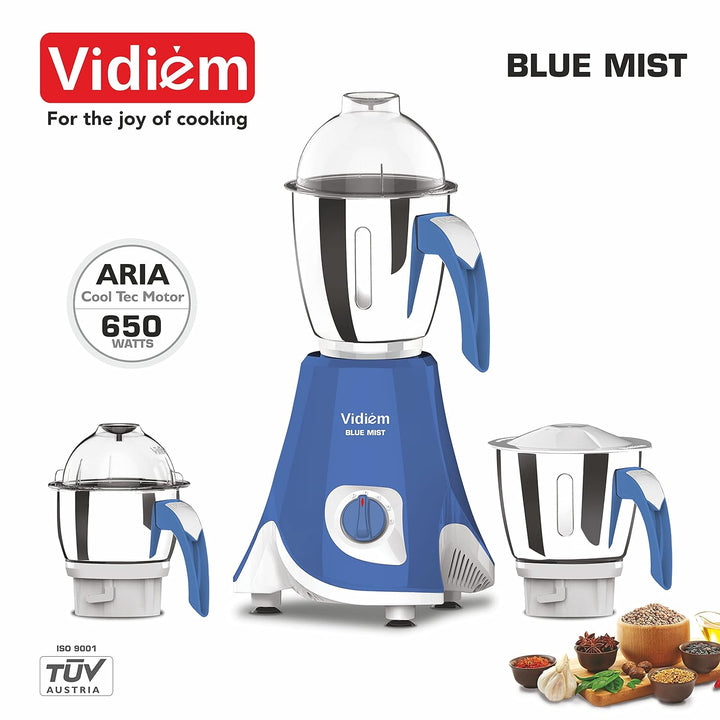 VIDIEM BLUEMIST 650W Mixer Grinder With 3 Jars (Blue)