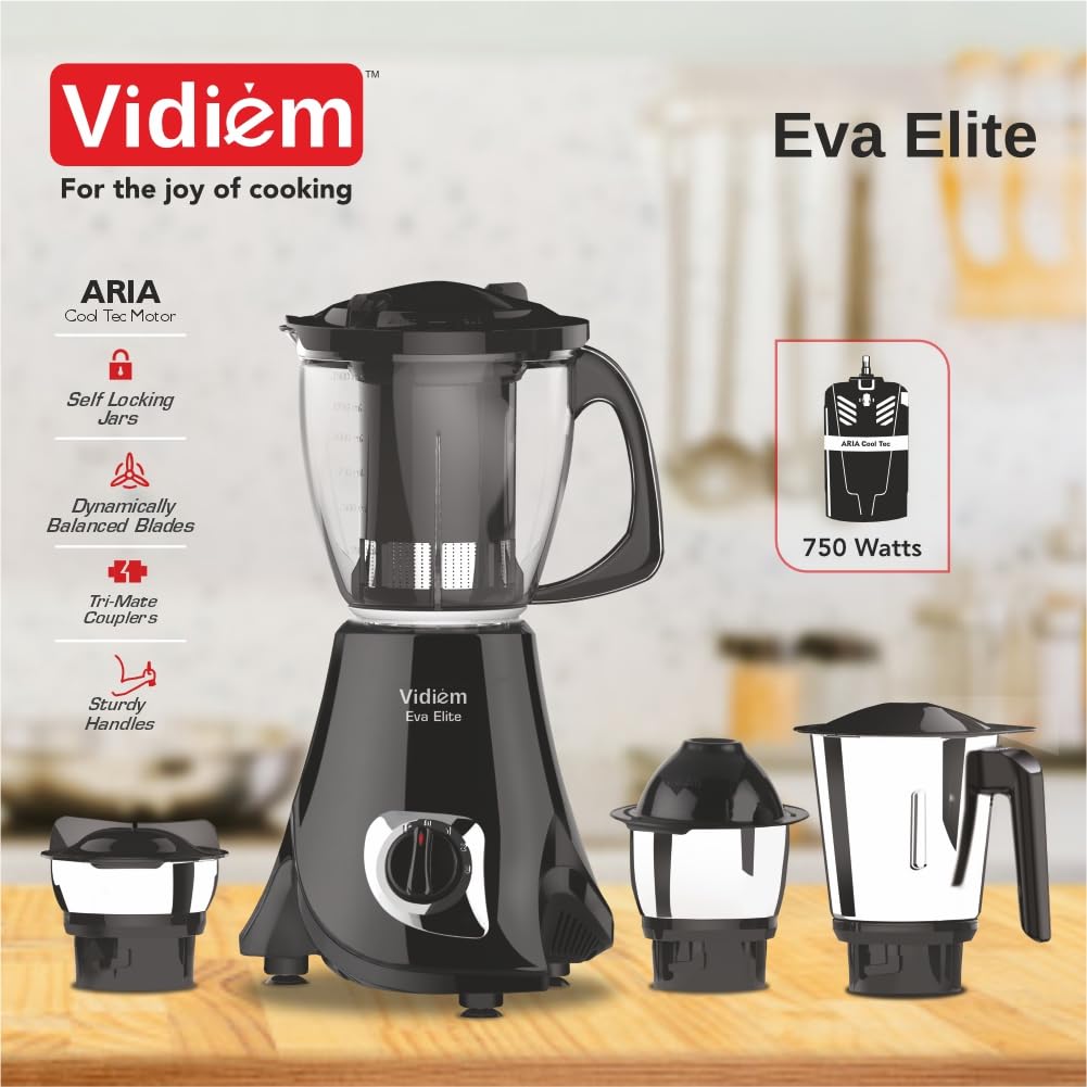 Vidiem Eva Elite 750W Mixer Grinder with 4 Jars (Black)