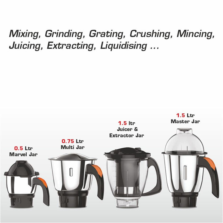 Vidiem Evo ADC 750W Mixer Grinder with 5 Jars (Black & Orange)