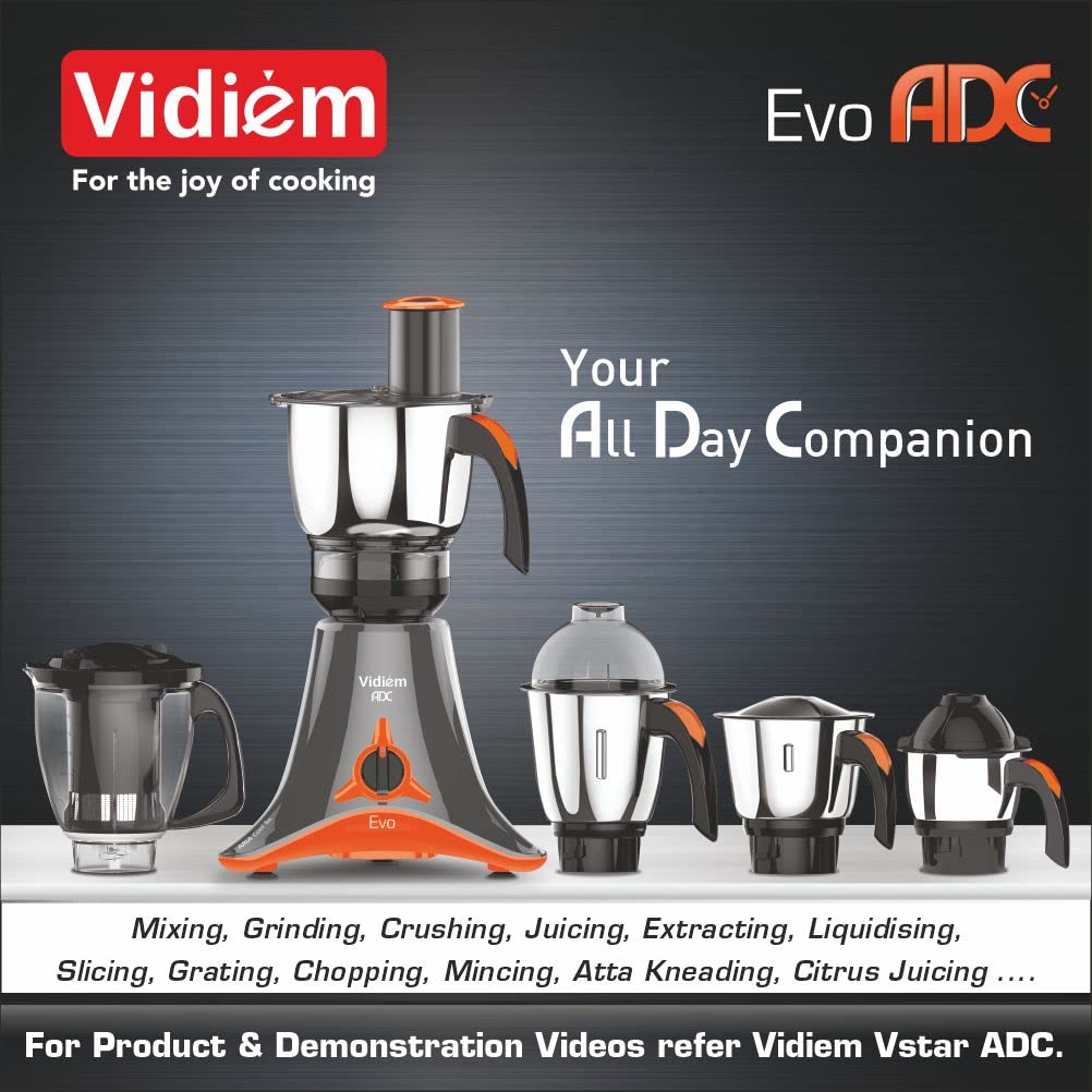 Vidiem Evo ADC 750W Mixer Grinder with 5 Jars (Black & Orange)