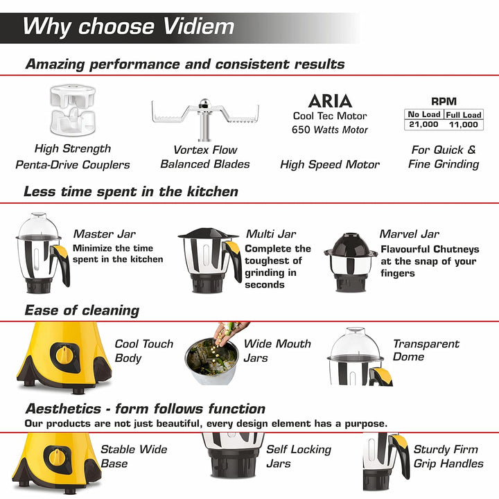 Vidiem Lily 650W Mixer Grinder with 3 Jars (Yellow & Black)