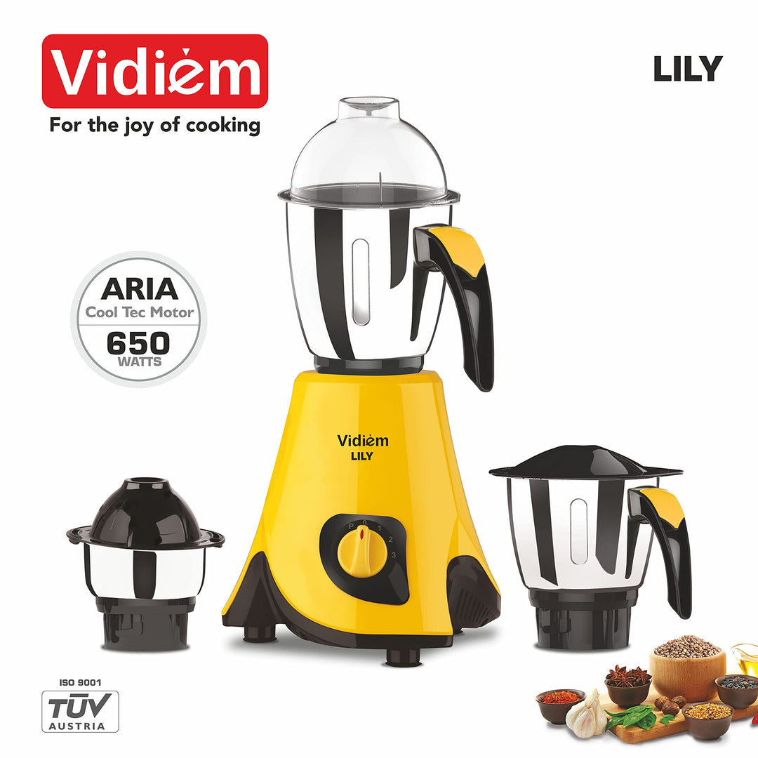 Vidiem Lily 650W Mixer Grinder with 3 Jars (Yellow & Black)