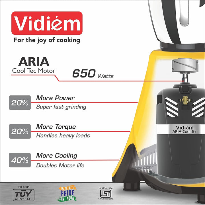 Vidiem Lily 650W Mixer Grinder with 3 Jars (Yellow & Black)