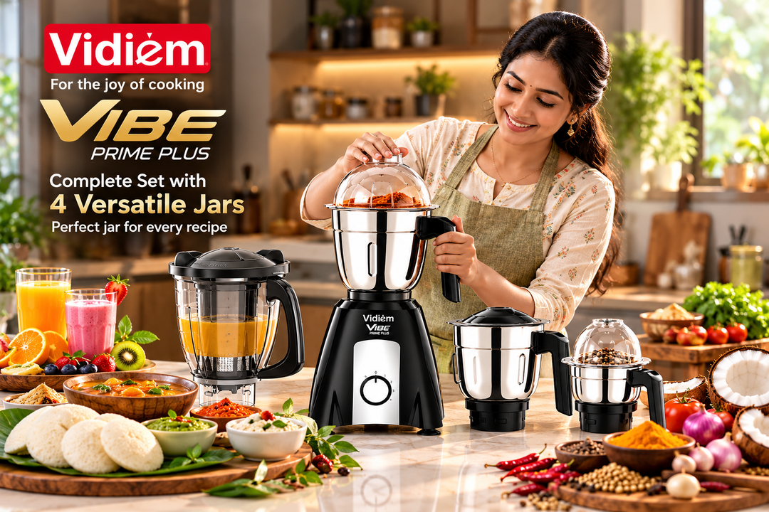 Vidiem Vibe Prime plus 750W Mixer Grinder | Aria CoolTec Motor | 4 Jars 1.5L, 0.75L & 0.4L and 1.5L Juicer jar| Vortex Flow Blades | Chrome Finish Switch Panel | 5 Year Motor & 2 Year Product Warranty