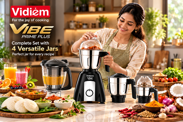 Vidiem Vibe Prime plus 750W Mixer Grinder | Aria CoolTec Motor | 4 Jars 1.5L, 0.75L & 0.4L and 1.5L Juicer jar| Vortex Flow Blades | Chrome Finish Switch Panel | 5 Year Motor & 2 Year Product Warranty