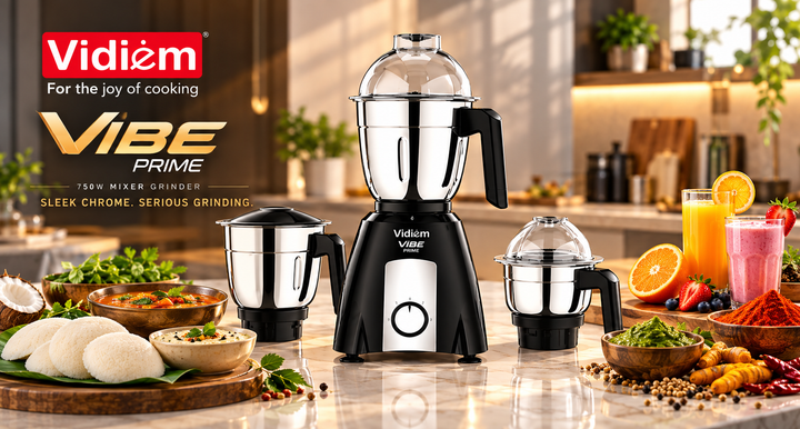 Vidiem Vibe Prime 750W Mixer Grinder | Aria CoolTec Motor | 3 Stainless Steel Jars 1.5L, 0.75L & 0.4L | Vortex Flow Blades | Chrome Finish Switch Panel | 5 Year Motor & 2 Year Product Warranty