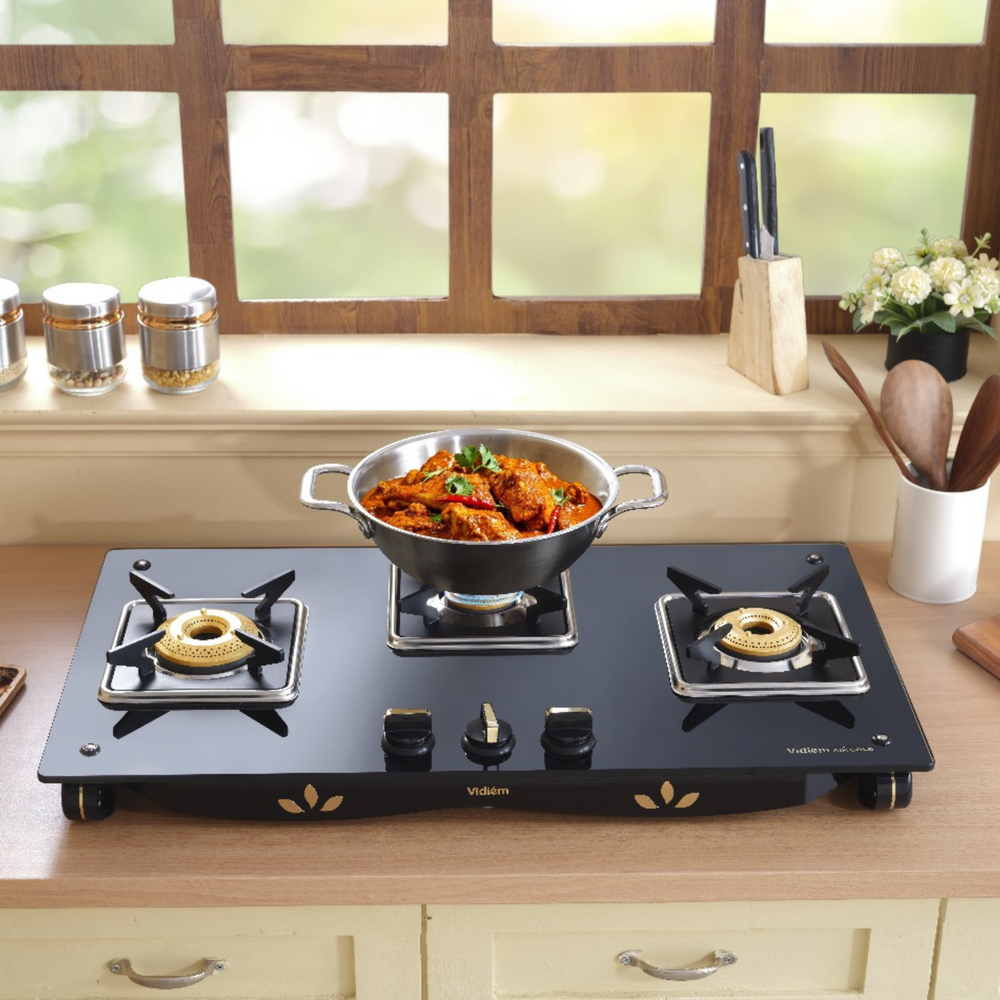 Vidiem Air Gold 3 Burner Glass top Gas Stove Kitchen View