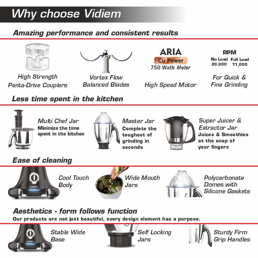 Vidiem Tusker 750W Mixer Grinder with 6 Jars (Black)