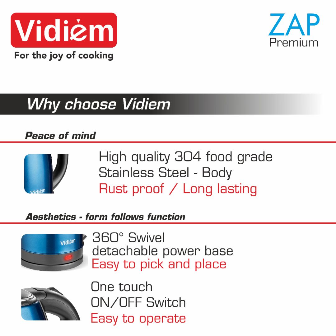 VIDIEM ZAP PREMIUM - AZURE BLUE 1.8 LTR ELECTRIC KETTLE